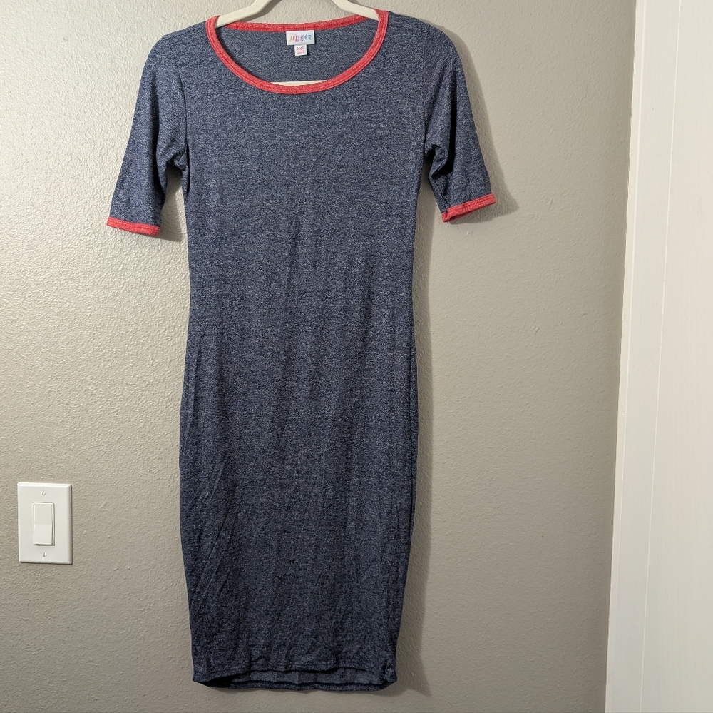 LuLaRoe Blue Midi Dress with Red Trim Julia